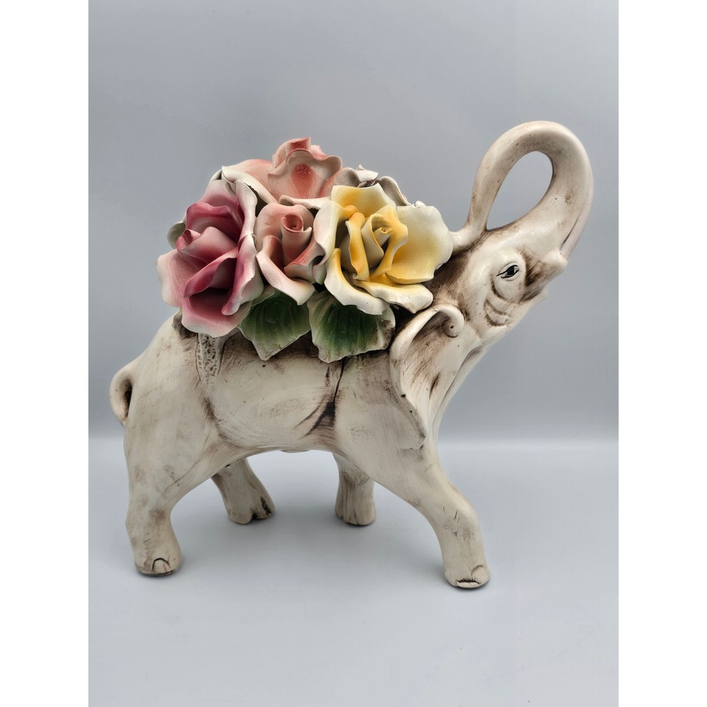 Capodimonte Elephant Figurine Porcelain Roses Italy White Fair‎ As Is Trunk Up